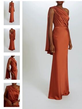Amsale One-Shoulder Satin Gown in Rust